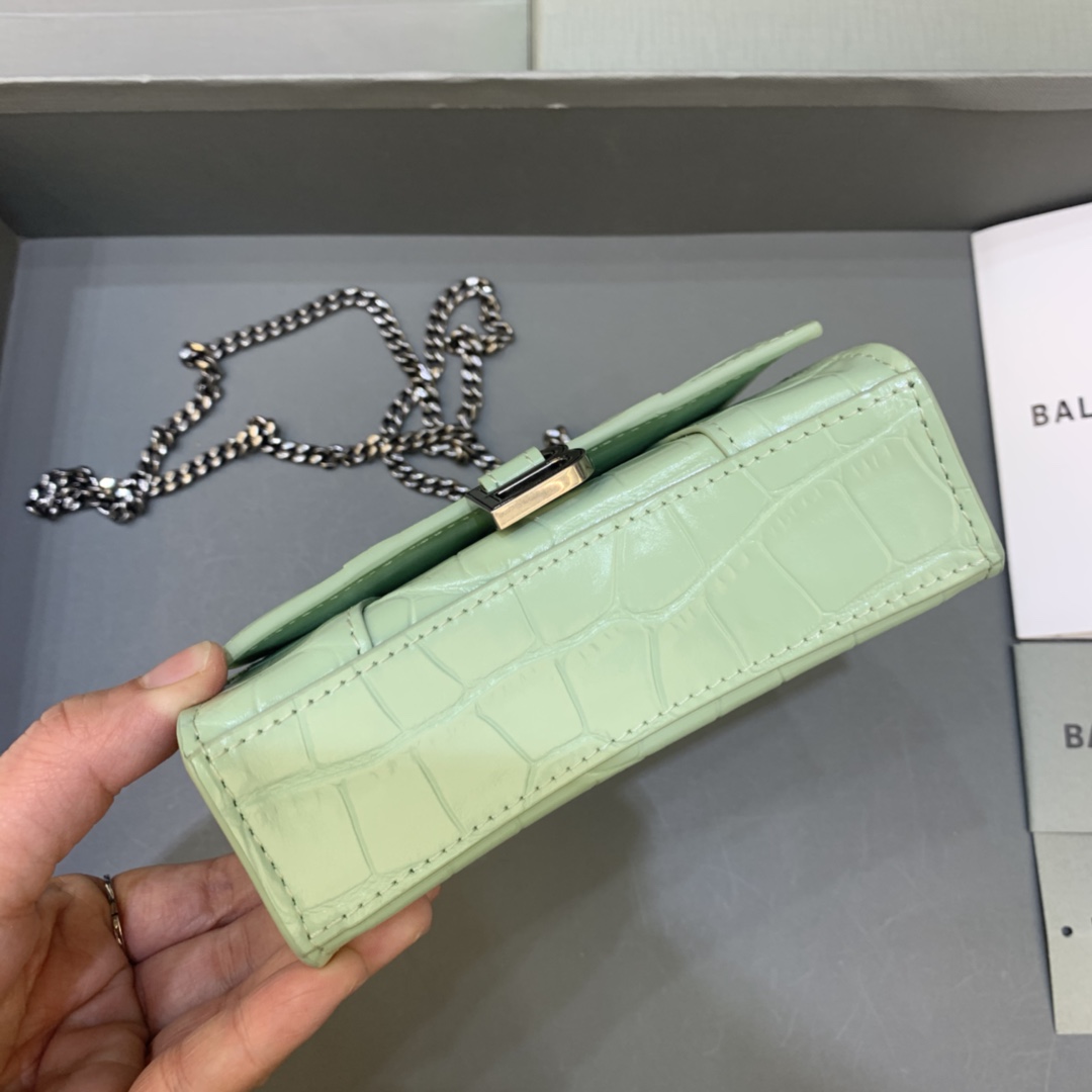 Balenciaga Hourglass Mini Handbag With Chain Crocodile Embossed Shoulder Bag Light Green